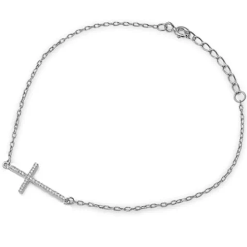 Sterling Silver Cross Bracelets with CZ, Rhodium, Rose or Yellow Gold Plated One or Two Strands 7"