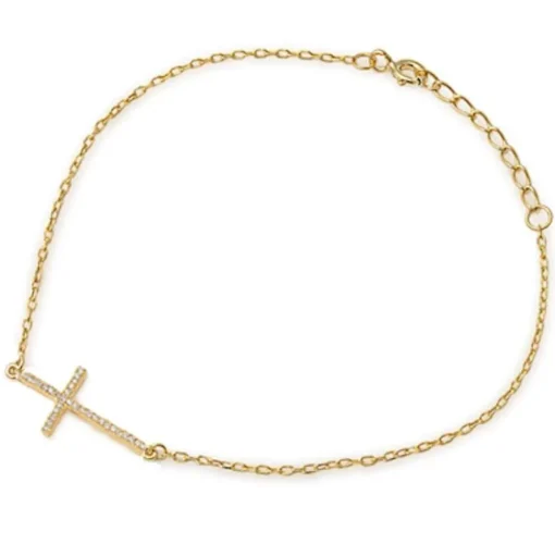 Sterling Silver Cross Bracelets with CZ, Rhodium, Rose or Yellow Gold Plated One or Two Strands 7"