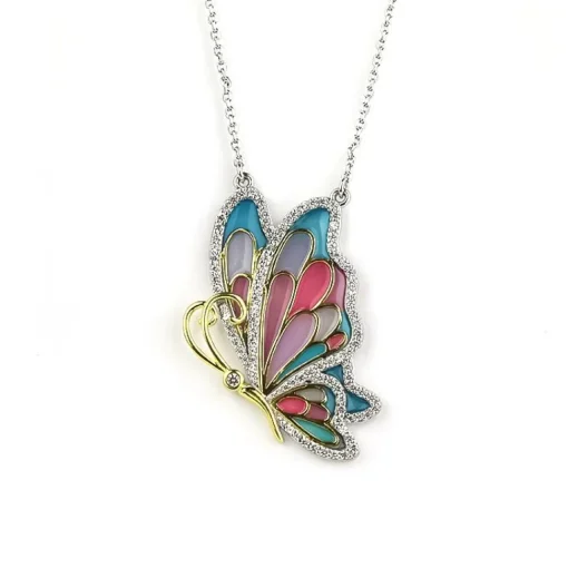 Sterling Silver Enamel Butterfly Necklace with Swarovski Crystal Top of the Line!
