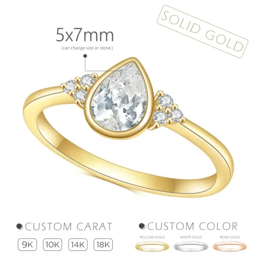 Teardrop with Sidestones Moissanite Bezel Set Ring 14K Gold 1ct Center Stone