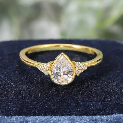Teardrop with Sidestones Moissanite Bezel Set Ring 14K Gold 1ct Center Stone