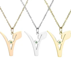 V Stainless Steel Pendant with Green Stone, Rose, White or Yellow Gold Plated
