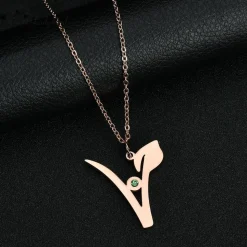 V Stainless Steel Pendant with Green Stone, Rose, White or Yellow Gold Plated