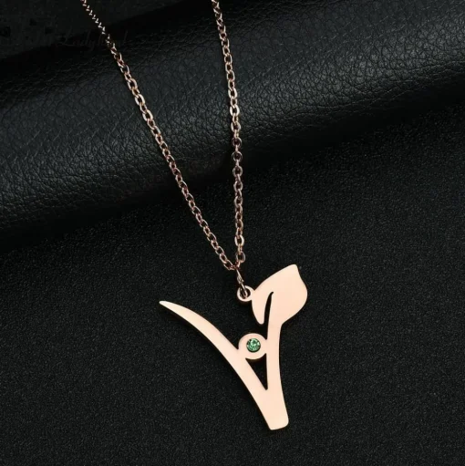 V Stainless Steel Pendant with Green Stone, Rose, White or Yellow Gold Plated