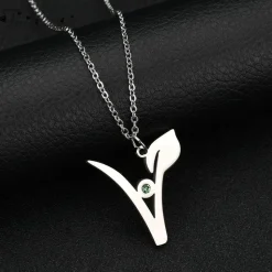 V Stainless Steel Pendant with Green Stone, Rose, White or Yellow Gold Plated