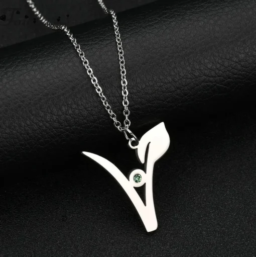 V Stainless Steel Pendant with Green Stone, Rose, White or Yellow Gold Plated