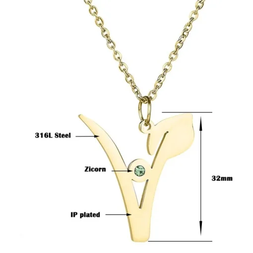 V Stainless Steel Pendant with Green Stone, Rose, White or Yellow Gold Plated